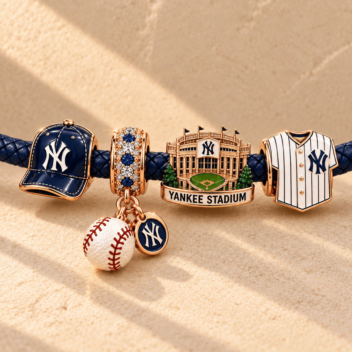 NYY Braided Leather Charm Bracelet Set NHVH