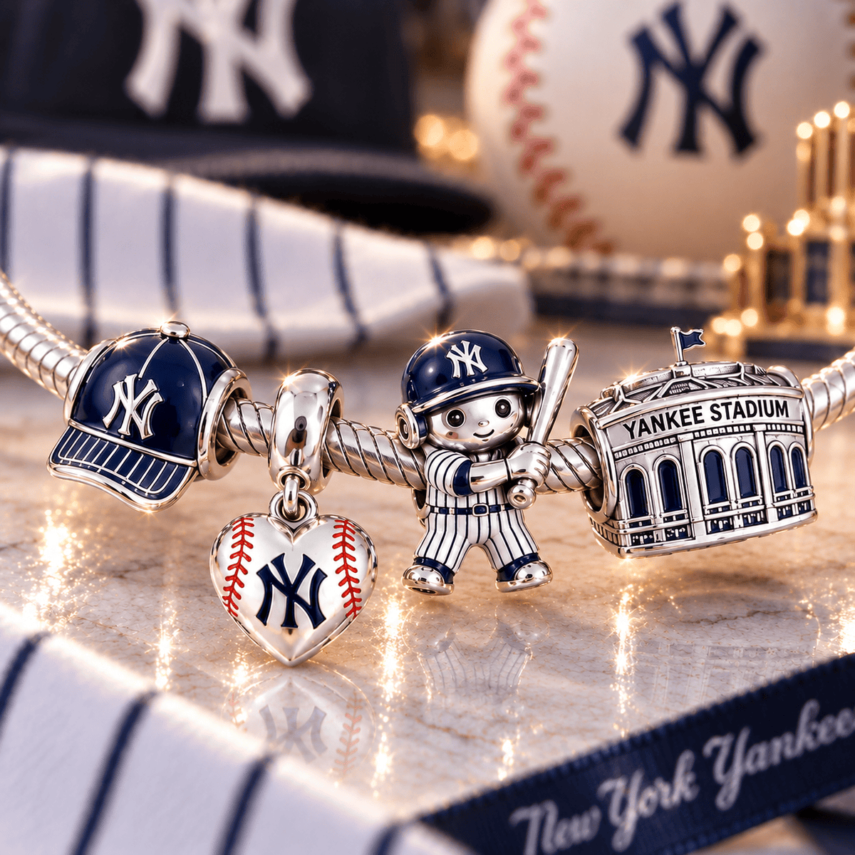NYY Silver Charm Bracelet Set VTH