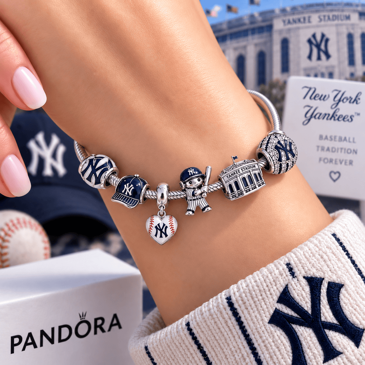 NYY Silver Charm Bracelet Set VTH