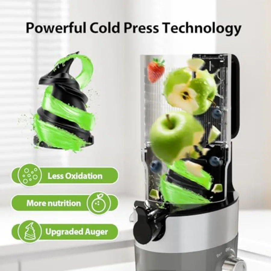 Aeitto Cold Press Juicer Machine with Wide Feed Chute for Whole Fruits Masticating Juice Extractor in Silver High Juice Yield E
