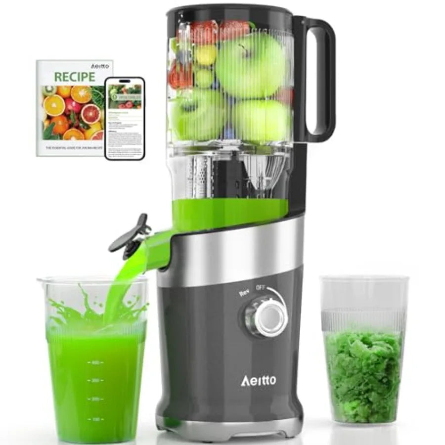 Aeitto Cold Press Juicer Machine with Wide Feed Chute for Whole Fruits Masticating Juice Extractor in Silver High Juice Yield E